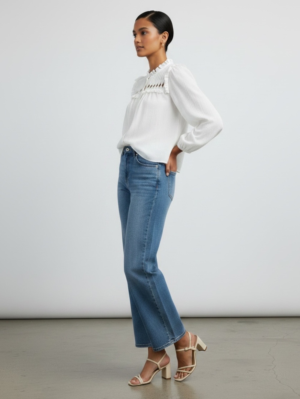 Women's White Ruffled Yoke Button-Front Blouse - Picture 5 of 10